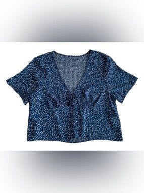 ROMWE Blue Polka Dot Tie Front Crop Top Large L 8 10 V-Neck Short Sleeve Blouse